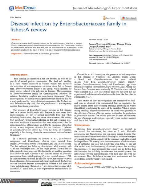 Disease Infection by Enterobacteriaceae Family in Fishes: A Review.
